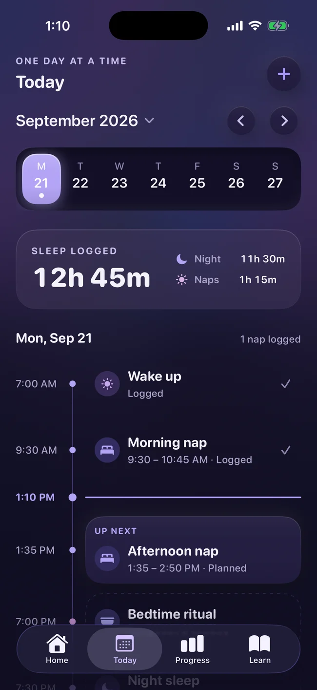 Today’s timeline with logged sleep and an upcoming afternoon nap.